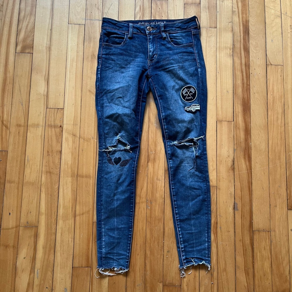 American Eagle Outfitters Jegging Dark Wash Super Stretch Skinny Jeans Patches